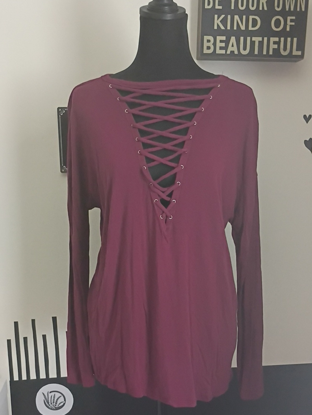 Express Lace-Up V-Neck Long Sleeve Top - Burgundy
